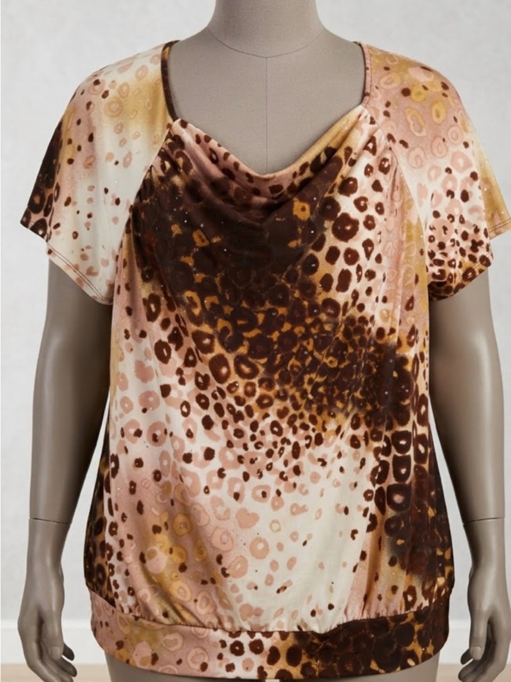 Elemenz Cowl-Neck Animal Print Top in Brown and Cream size 3x